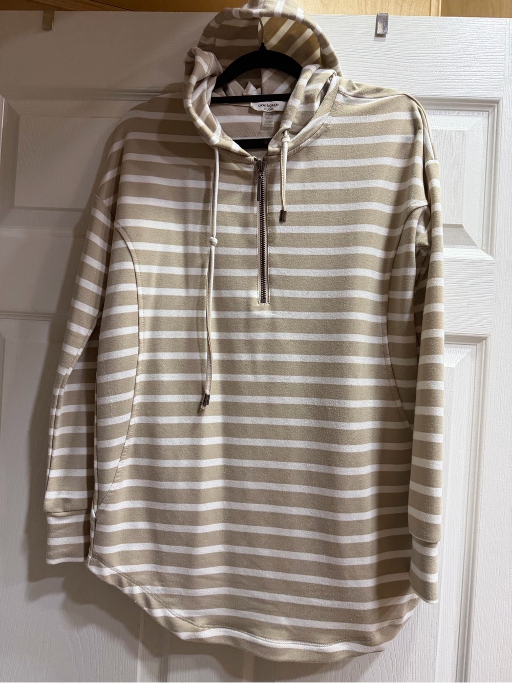 Cable & Gauge Beige and White Striped Half-Zip Hoodie